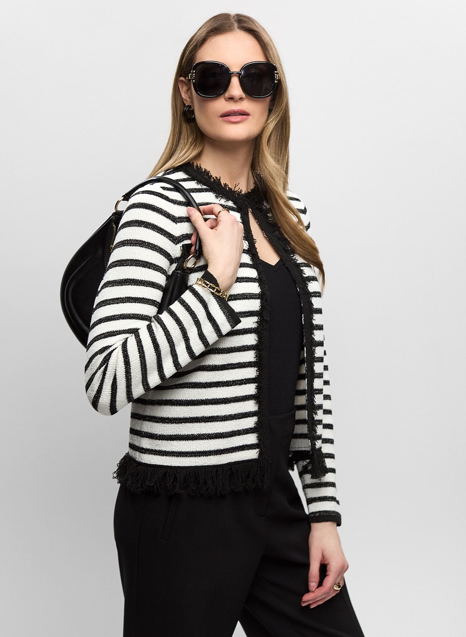 Fringe-Trimmed Striped Knit Cardigan