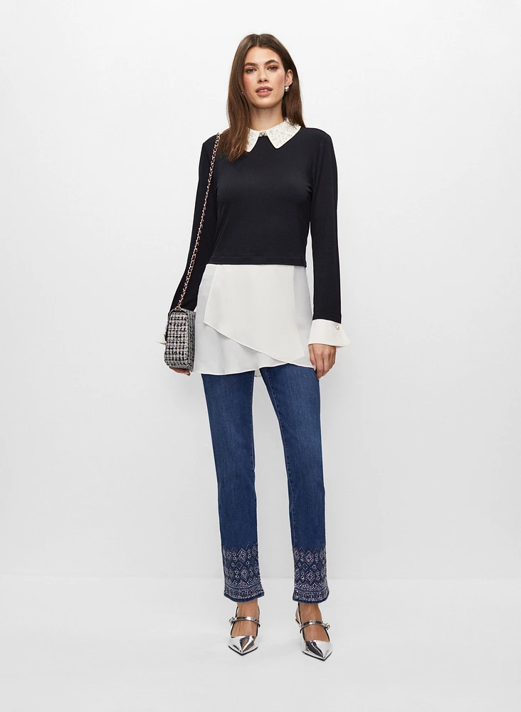 Embellished Jeans & Pearl Collar Fooler Top