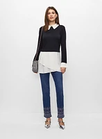 Embellished Jeans & Pearl Collar Fooler Top