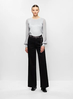 Metallic Sweater & Flare Leg Jeans