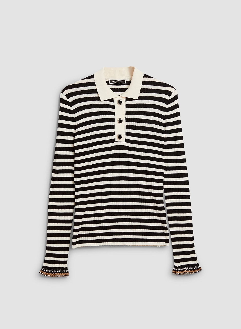 Striped Jewel Button Polo Sweater