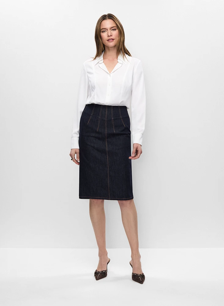 Button Front Blouse & Denim Pencil Skirt