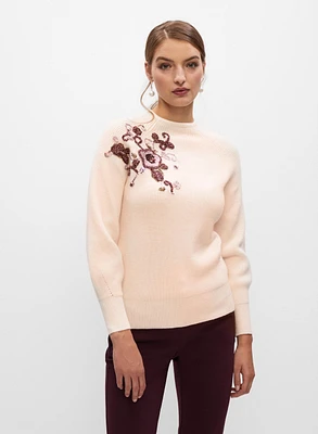 Floral Appliqué Crewneck Sweater
