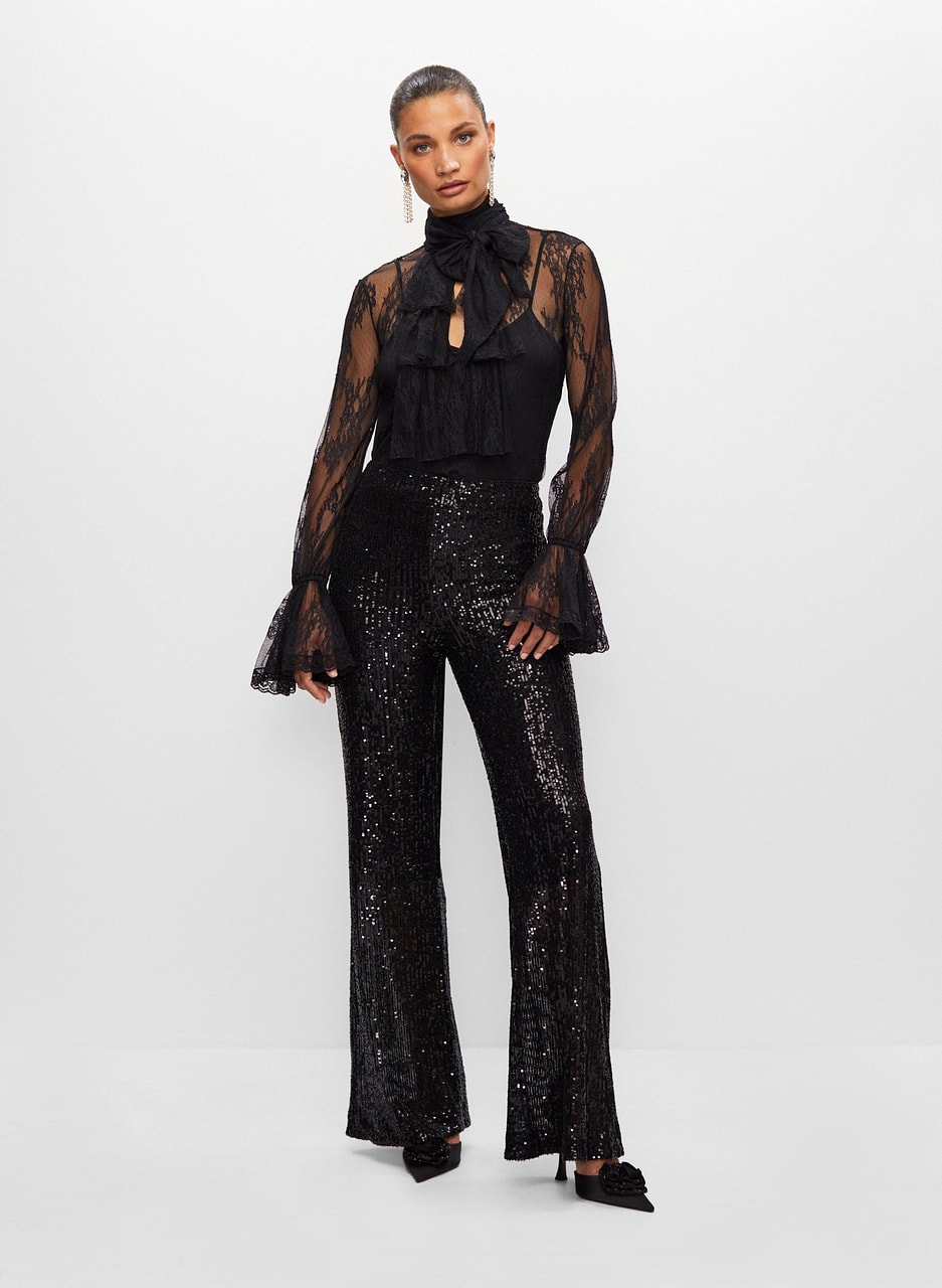 Tie Neck Blouse & Sequin Pants