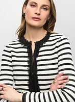 Fringe-Trimmed Striped Knit Cardigan