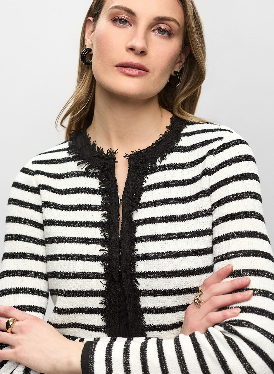 Fringe-Trimmed Striped Knit Cardigan