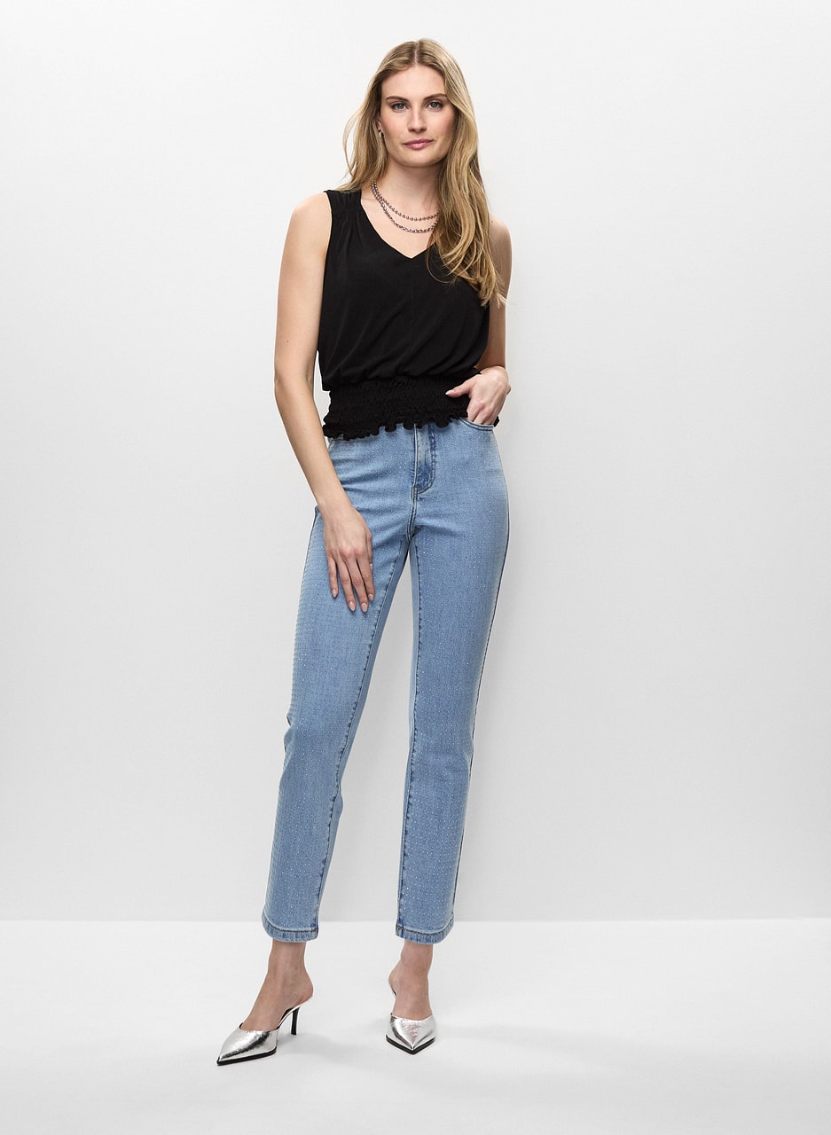 Smocked Hem Top & Rhinestone Detail Jeans