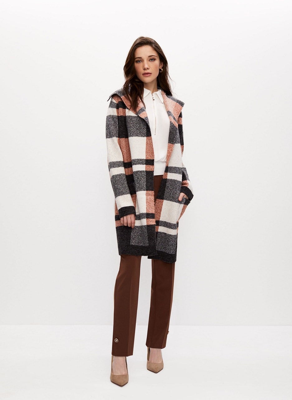 Angora Blend Plaid Motif Cardigan