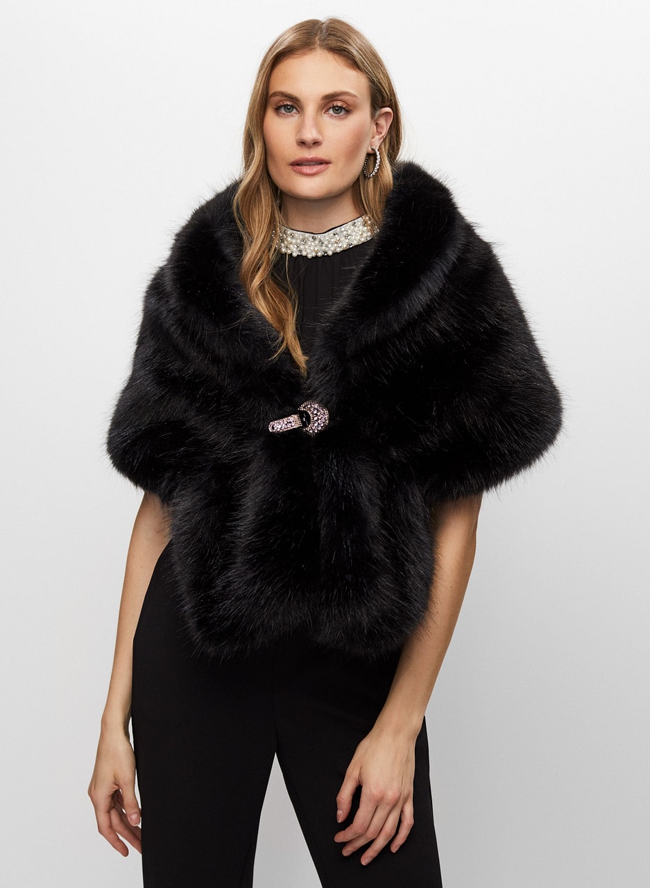 Rhinestone Clip Faux Fur Stole