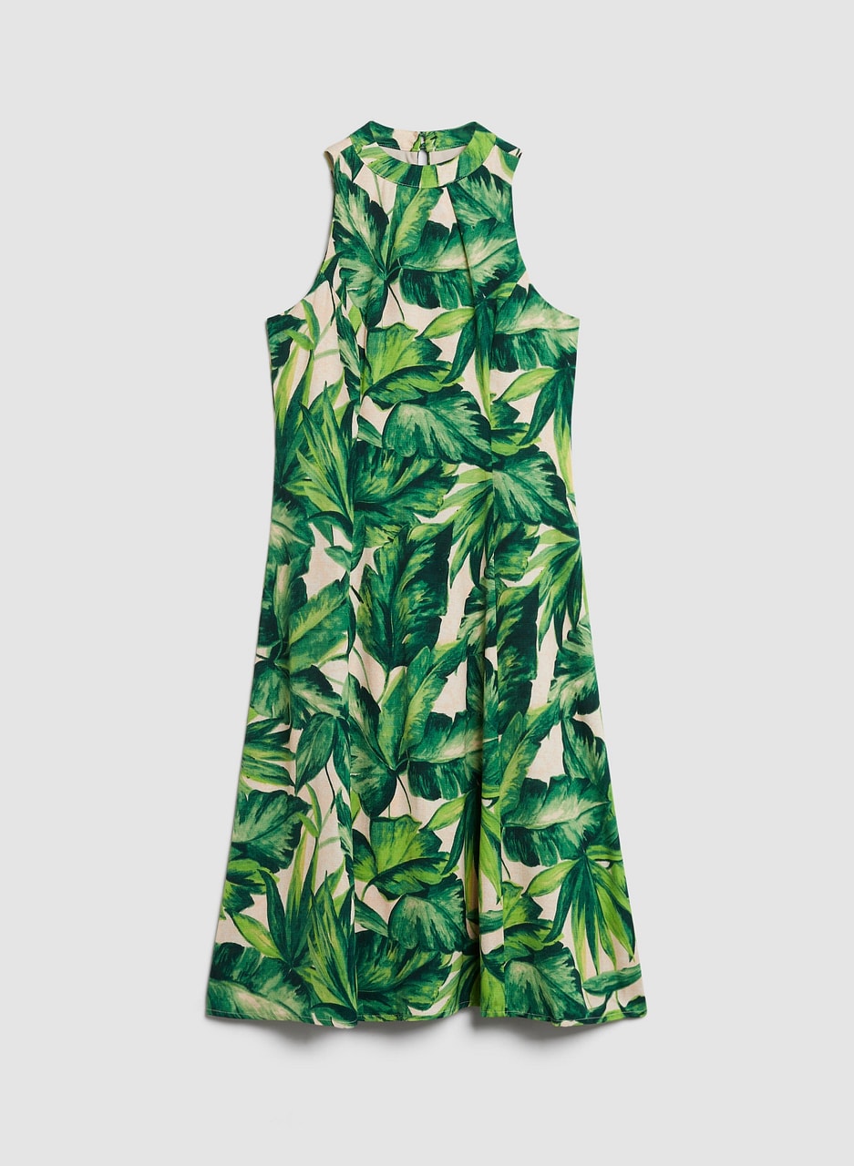 Leaf Print Halter Midi Dress