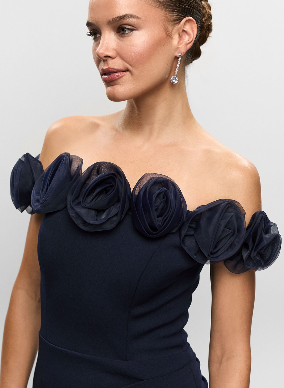 Off-the-Shoulder Rosette Gown