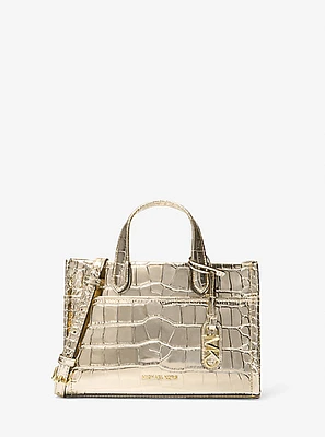 Gigi Small Metallic Crocodile Embossed Leather Messenger Bag