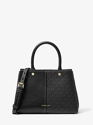Flora Medium Signature Logo and Leather Satchel