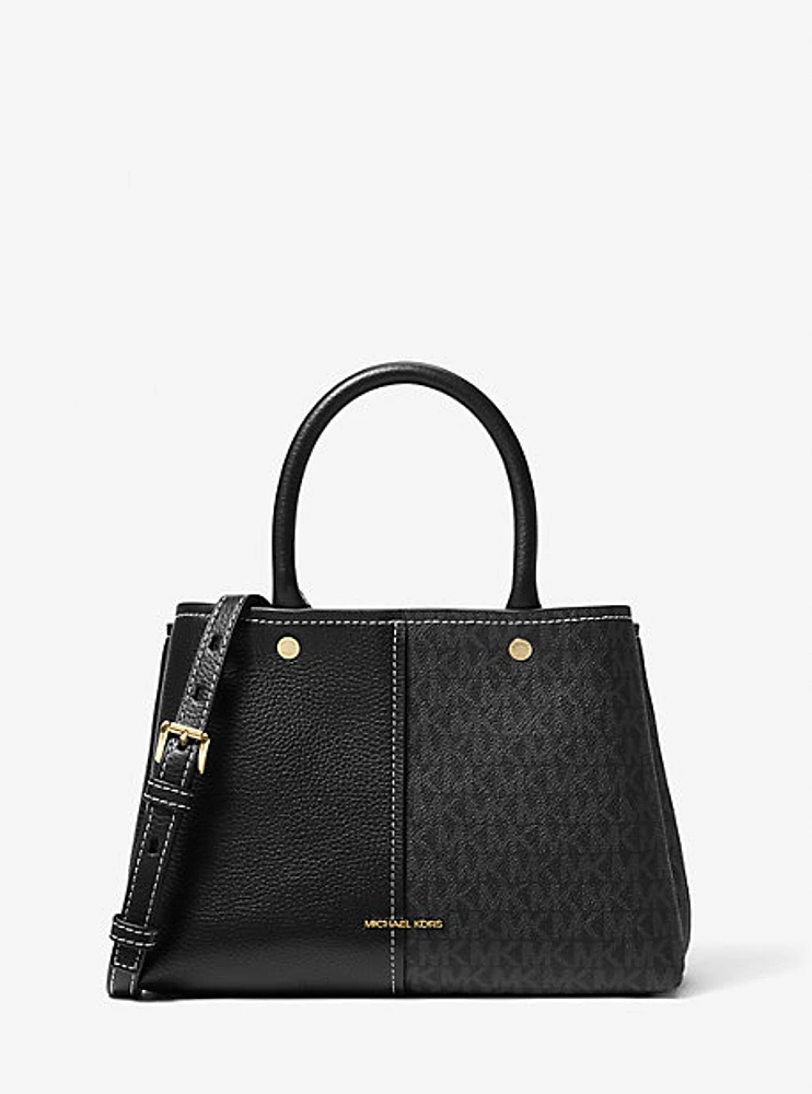 Flora Medium Signature Logo and Leather Satchel