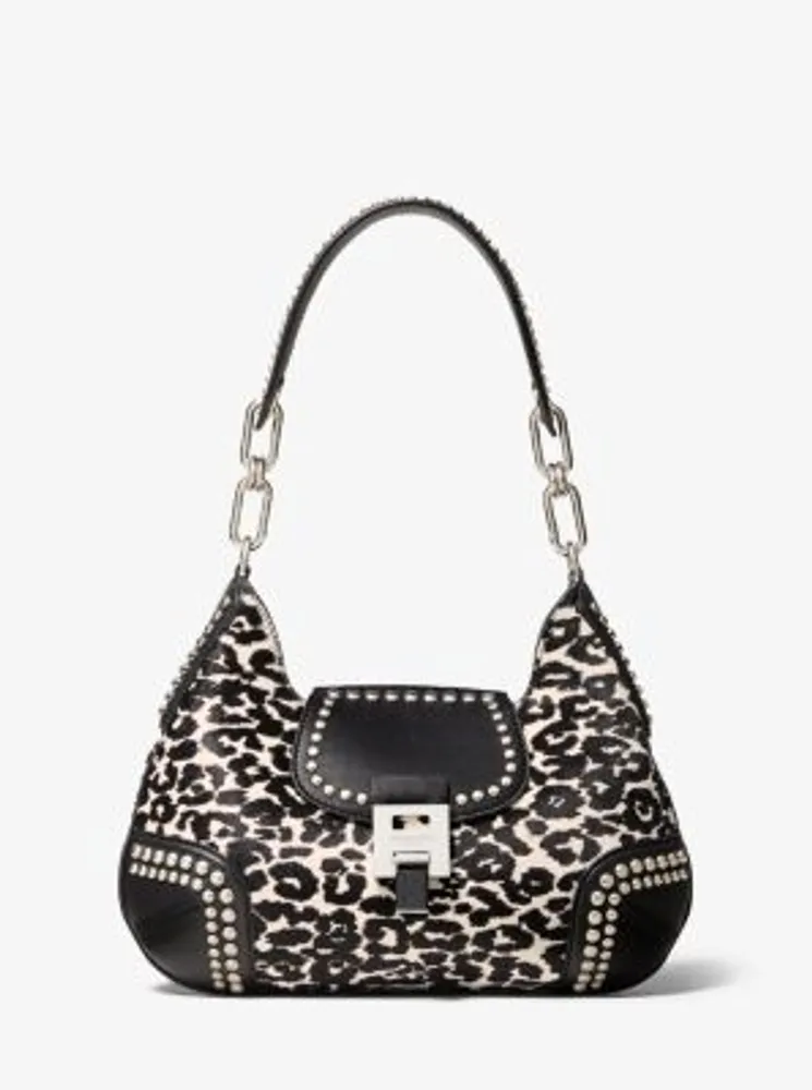 Bancroft Medium Leopard Calf Hair and Studded Leather Shoulder Bag