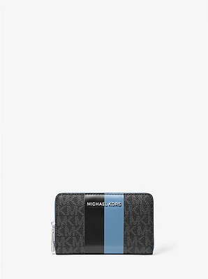 Tarjetero Jet Set pequeño con franjas y logotipo de la marca