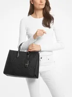 Mirella Medium Logo Embossed Pebbled Leather Tote Bag