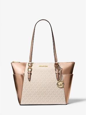 Charlotte Large Signature Logo and Metallic Top-Zip Tote Bag