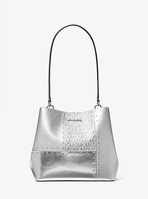 Pratt Medium Studded Metallic Patchwork and Signature Logo Shoulder Bag