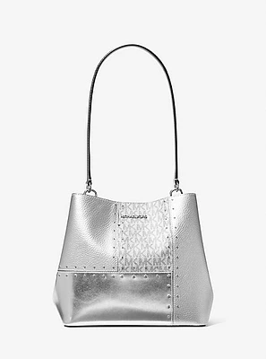 Pratt Medium Studded Metallic Patchwork and Signature Logo Shoulder Bag