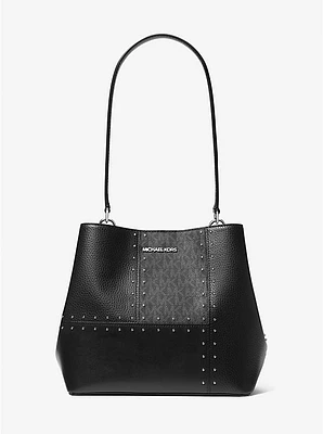 Pratt Medium Studded Patchwork and Signature Logo Shoulder Bag