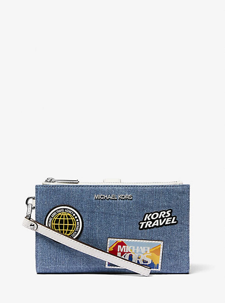 Jet Set Travel Large Embellished Denim Wristlet