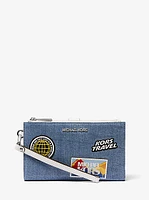 Jet Set Travel Large Embellished Denim Wristlet