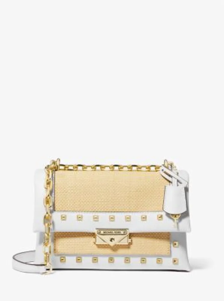 Cece Medium Straw and Studded Faux Leather Shoulder Bag