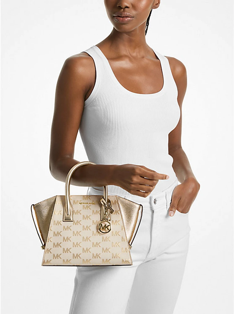 Avril Small Logo Jacquard and Metallic Leather Satchel