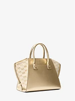 Avril Large Metallic Leather and Logo Jacquard Satchel