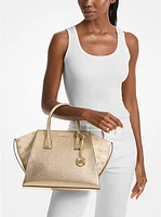 Avril Large Metallic Leather and Logo Jacquard Satchel