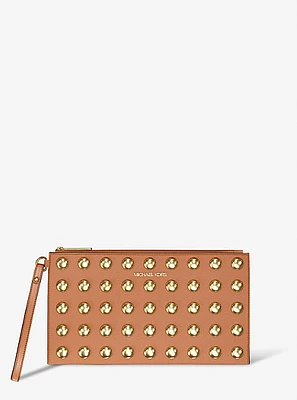 Jet Set Large Studded Pebbled Leather Wristlet