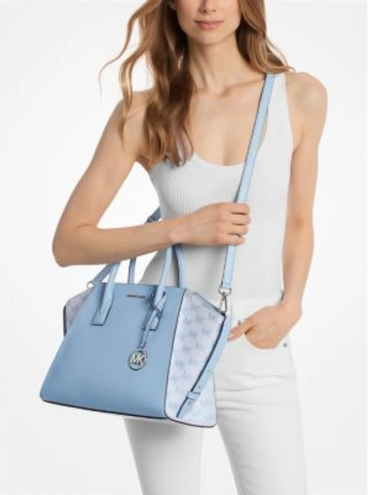 Avril Large Leather and Logo Jacquard Satchel