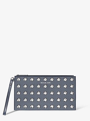 Jet Set Large Studded Pebbled Leather Wristlet