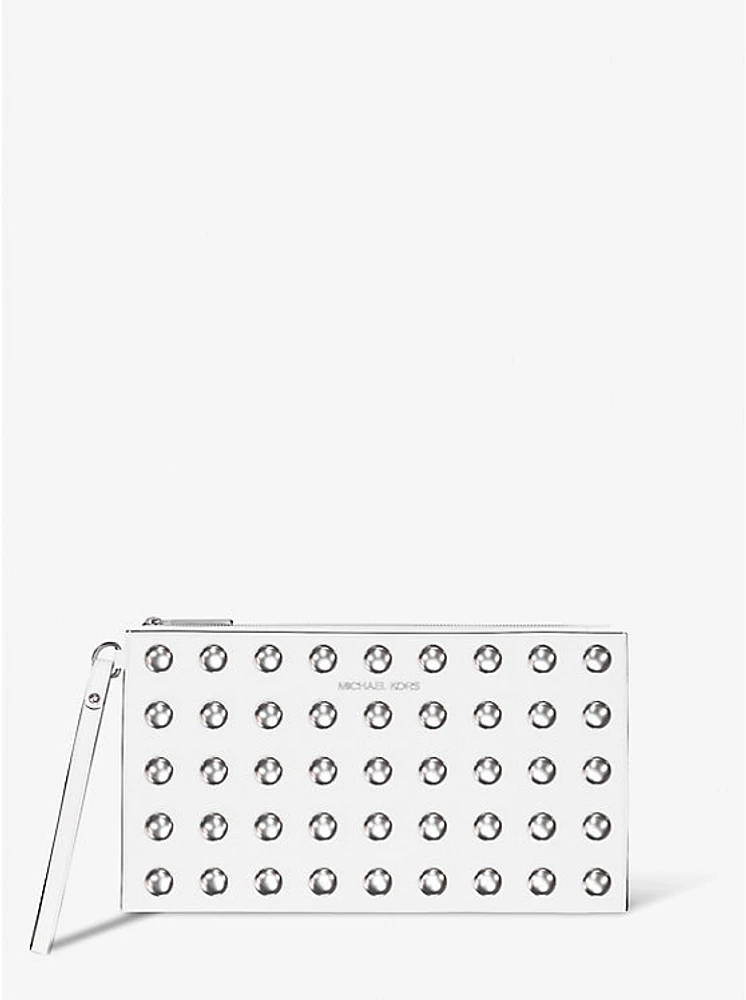 Jet Set Large Studded Pebbled Leather Wristlet