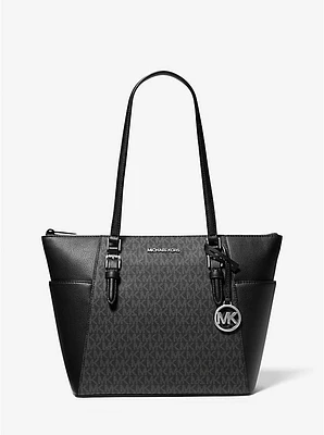 Charlotte Large Logo and Leather Top-Zip Tote Bag