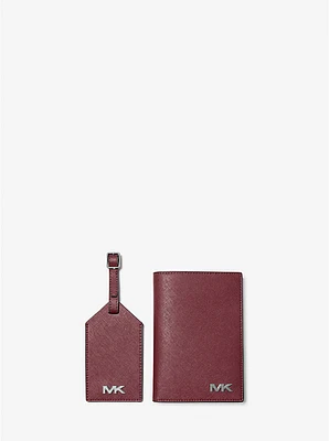 Set de regalo con funda para pasaporte de cuero Saffiano y etiqueta de equipaje