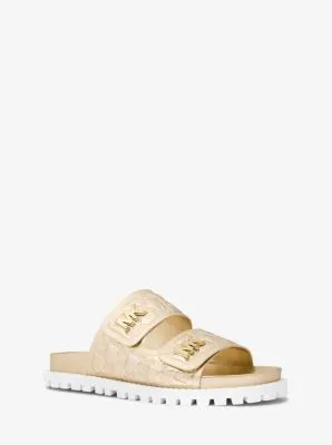 Stark Metallic Logo Embossed Faux Leather Slide Sandal