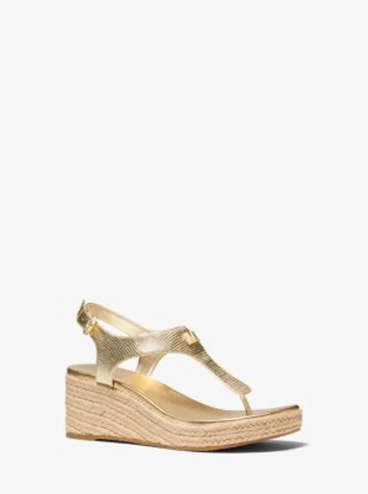 Laney Metallic Lizard-Embossed Leather Espadrille Wedge Sandal