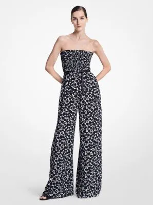 Smocked Floral Silk Georgette Jumpsuit