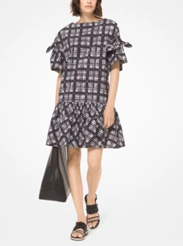 Madras Poplin Tie-Sleeve Dress