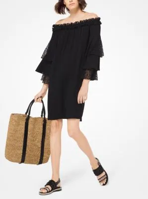Silk-Georgette and Lace Off-The-Shoulder Dress