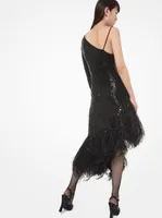 Sequined Stretch Matte-Jersey Feather-Trim Asymmetric Dress