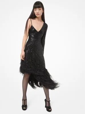 Sequined Stretch Matte-Jersey Feather-Trim Asymmetric Dress