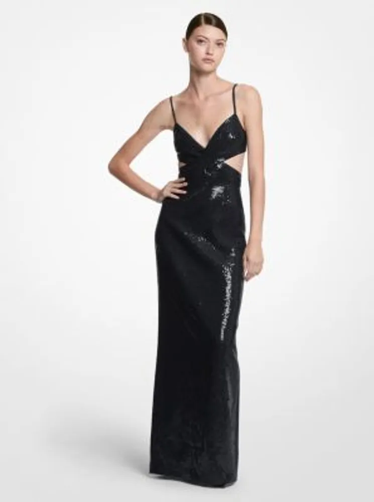 Hand-Embroidered Sequin Double Crepe Sablé Cutout Gown