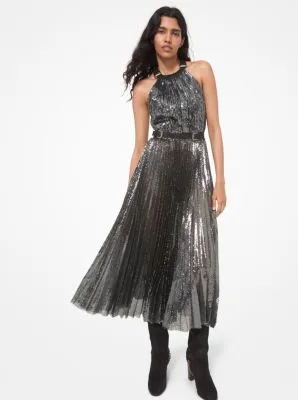 Leather Trim Sequined Tulle Dress