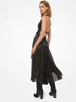Leather Trim Sequined Tulle Halter Dress