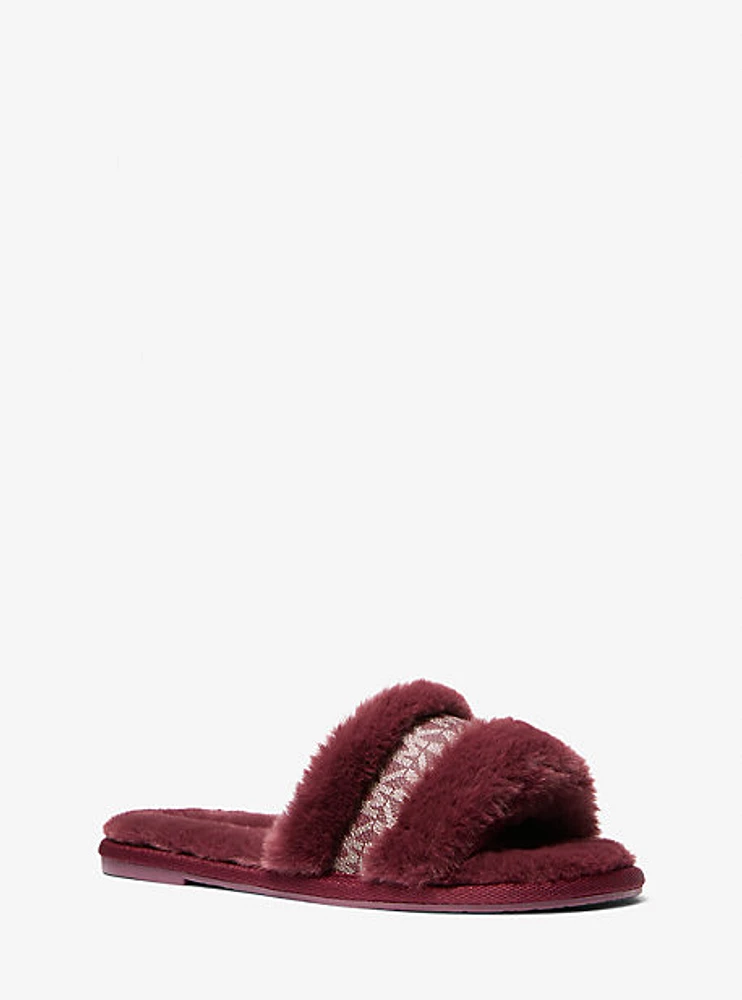 Alexis Faux Fur and Metallic Signature Logo Slide Sandal