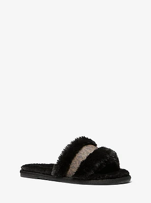 Alexis Faux Fur and Metallic Signature Logo Slide Sandal