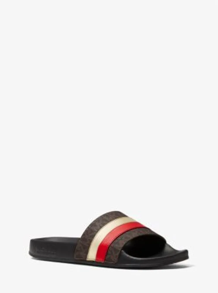 Brandy Metallic Striped Logo Slide Sandal